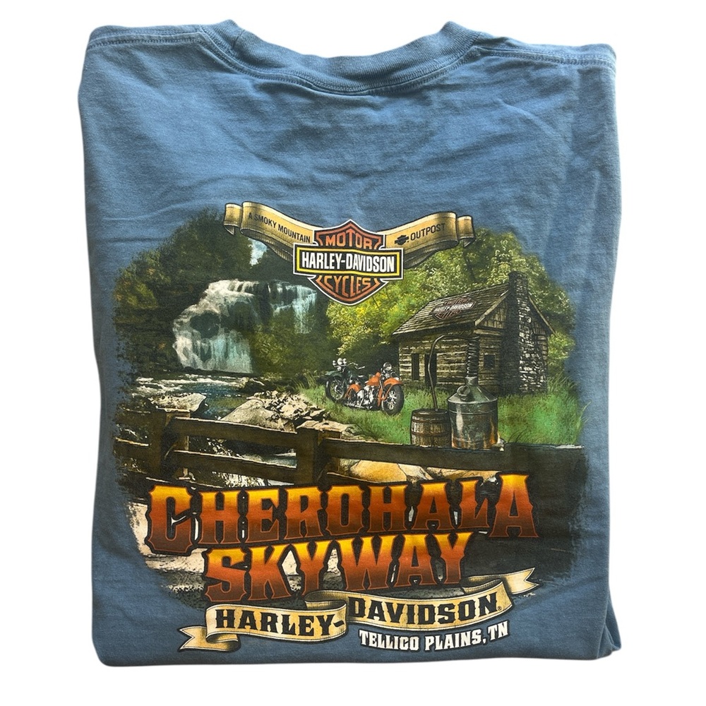 CHEROHALA SKYWAY HARLEY DAVIDSON TELLICO PLAINS BLUE GRAPHIC T SHIRT MENS XL